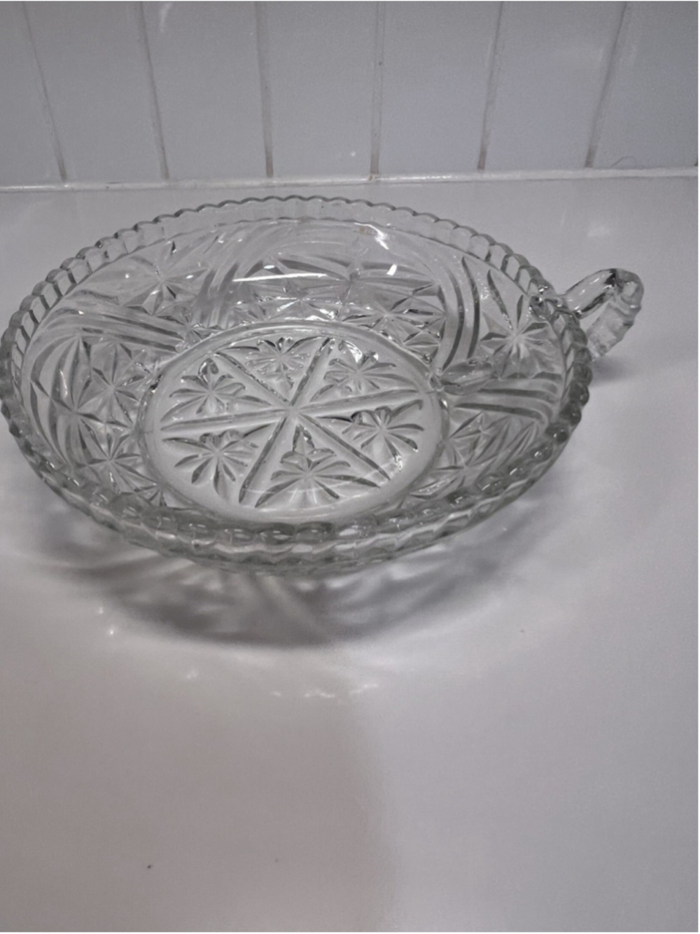 Vintage Anchor Hocking Stars and Bars Clear 7” Glass Nappy Dish with Handle